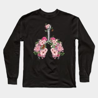 Lung Anatomy, pink roses, Cancer Awareness Long Sleeve T-Shirt